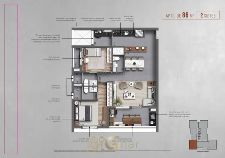 Planta do apartamento de 86 m² com 2 suítes do condomínio Autoral Moema Residences no bairro de Moema, São Paulo