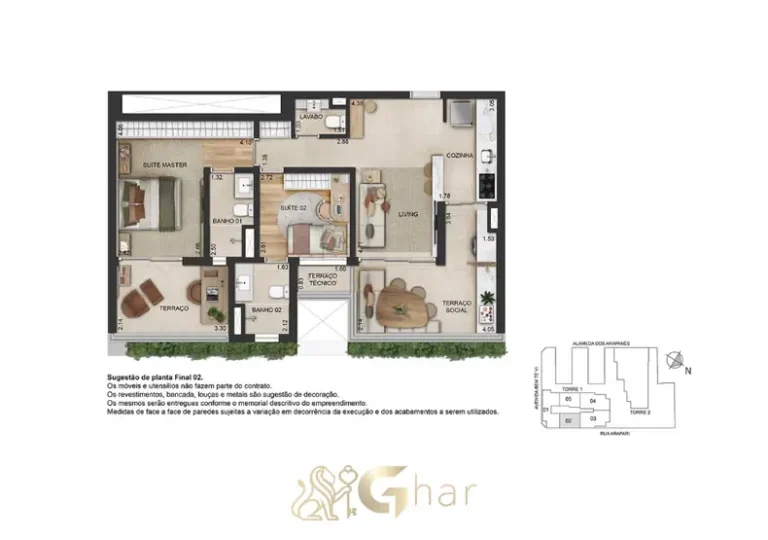 Segunda opção de planta do apartamento de 2 suítes com 80 m² do condomínio Bem Moema no bairro de Moema, São Paulo