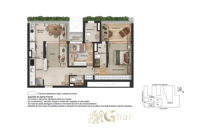 Terceira opção de planta do apartamento de 2 suítes com 80 m² em apartamentos no bairro de Moema, São Paulo