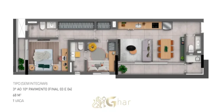 Planta do apartamento de 2 suítes com 68 m² em apartamentos no bairro de Moema, São Paulo