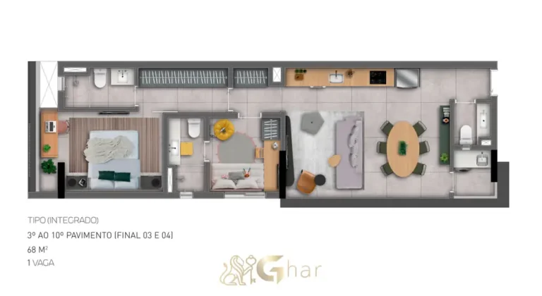 Planta alternativa do apartamento de 2 suítes com 68 m² em condomínio residencial no bairro de Moema, na Zona Sul de São Paulo