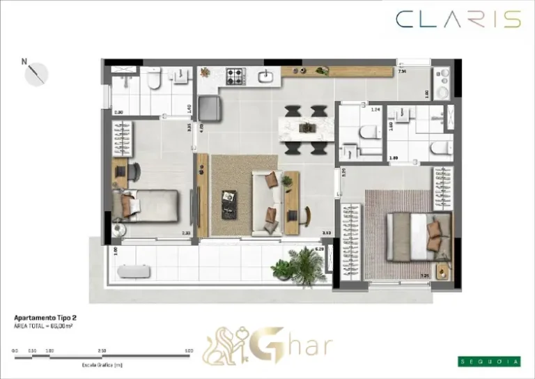 Planta do apartamento de 2 suítes de 66 m² (torre norte) em condomínio residencial no bairro de Moema, na Zona Sul de São Paulo
