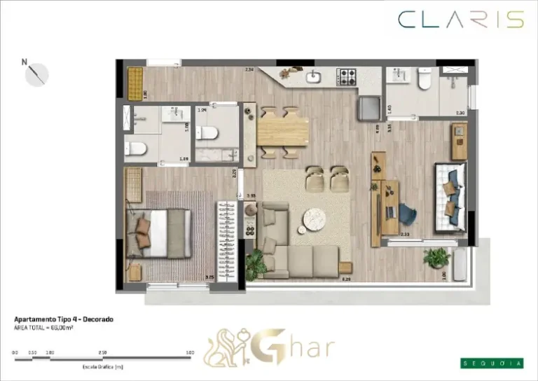 Planta do apartamento de 2 suítes de 66 m² (torre sul) do condomínio Claris Moema no bairro de Moema, São Paulo