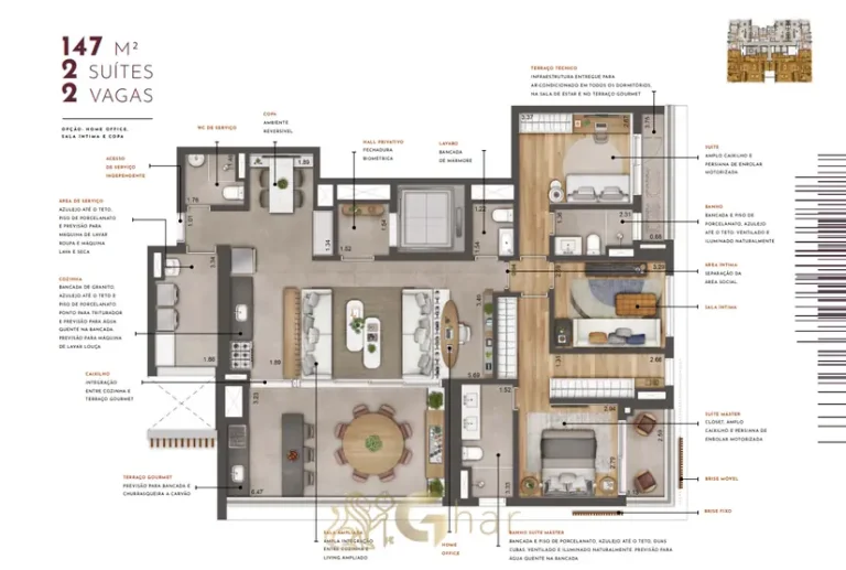 Planta alternativa do apartamento de 147 m² do condomínio Most Moema Home no bairro de Moema, São Paulo