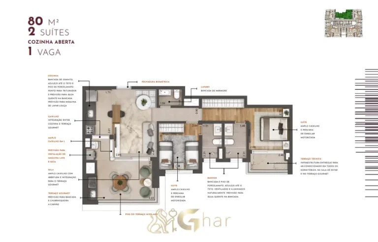 Planta do apartamento de 2 suítes com 80 m² em apartamentos no bairro de Moema, São Paulo