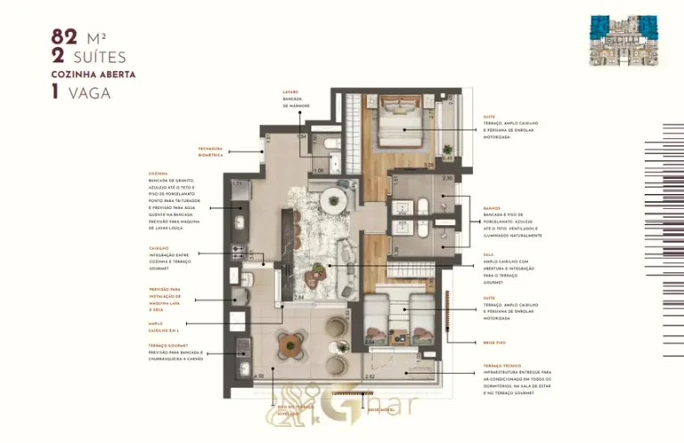 Planta do apartamento de 2 suítes com 82 m² do condomínio Most Moema Home no bairro de Moema, São Paulo