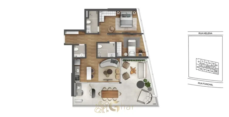 Planta do apartamento de 2 suítes de 102 m² em condomínio residencial no bairro da Vila Olímpia, na Zona Sul de São Paulo