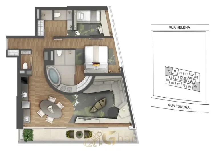 Planta detalhada do apartamento de 2 suítes do condomínio W Residences São Paulo no bairro da Vila Olímpia, São Paulo