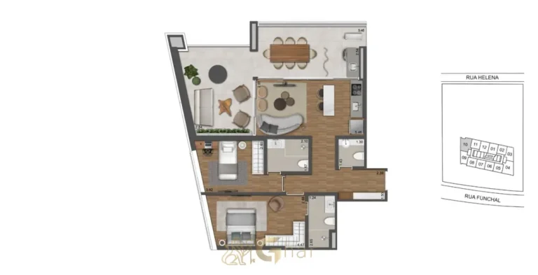 Planta do apartamento de 2 suítes de 97 m² do condomínio W Residences São Paulo no bairro da Vila Olímpia, São Paulo