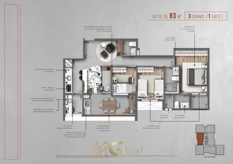 Planta do apartamento de 83 m² com 3 dormitórios e 1 suíte em condomínio residencial no bairro de Moema, na Zona Sul de São Paulo