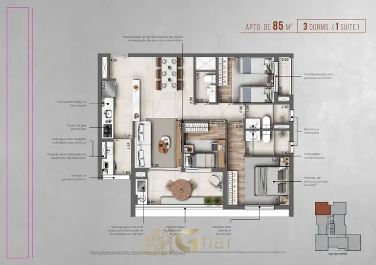 Planta do apartamento de 85 m² com 3 dormitórios e 1 suíte do condomínio Autoral Moema Residences no bairro de Moema, São Paulo