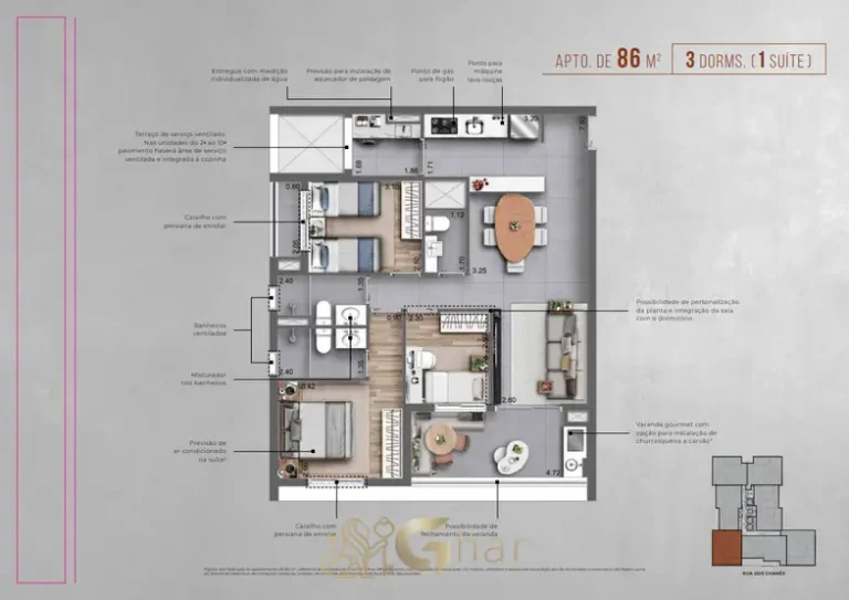 Planta do apartamento de 86 m² com 3 dormitórios e 1 suíte em condomínio residencial no bairro de Moema, na Zona Sul de São Paulo