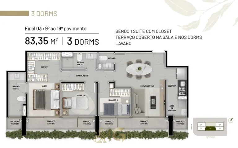 Planta do apartamento de 3 dormitórios – 83 m² em apartamentos no bairro de Moema, São Paulo