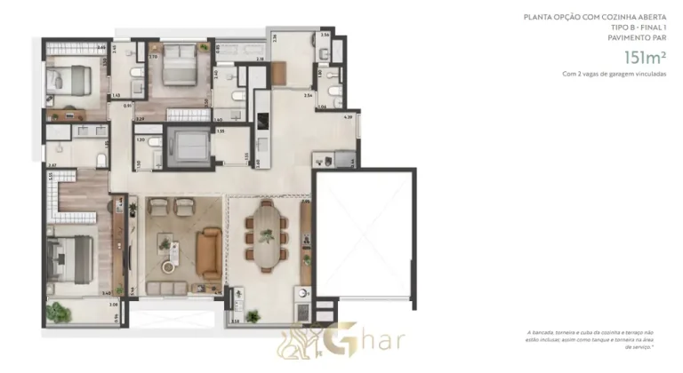 Planta do apartamento de 151 m² com 3 suítes do condomínio Altier Moema Pássaros no bairro de Moema, São Paulo