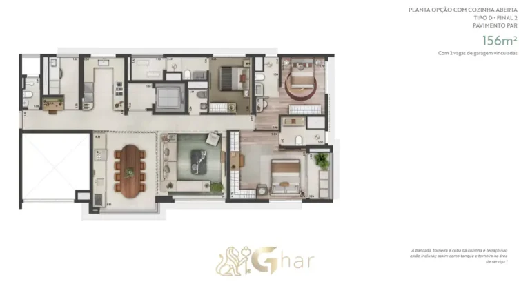 Planta do apartamento de 156 m² com 3 suítes em condomínio residencial no bairro de Moema, na Zona Sul de São Paulo