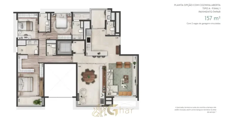 Planta do apartamento de 157 m² com 3 suítes em condomínio residencial no bairro de Moema, na Zona Sul de São Paulo