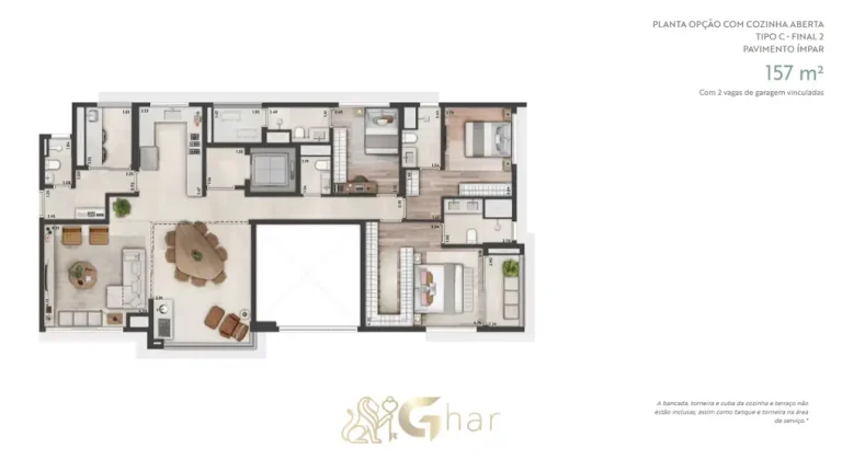 Planta alternativa do apartamento de 157 m² com 3 suítes em apartamentos no bairro de Moema, São Paulo