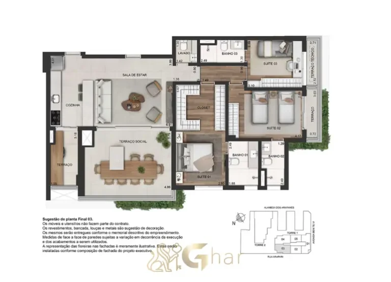 Planta do apartamento de 3 suítes com 123 m² em condomínio residencial no bairro de Moema, na Zona Sul de São Paulo
