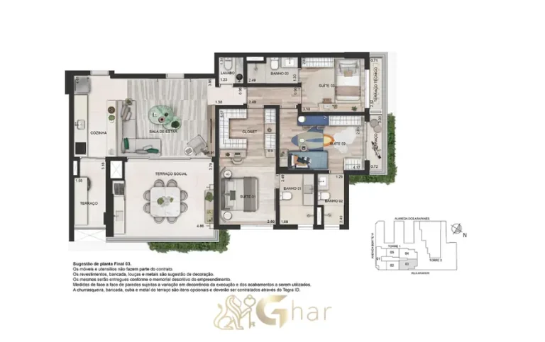 Segunda opção de planta do apartamento de 3 suítes com 123 m² do condomínio Bem Moema no bairro de Moema, São Paulo