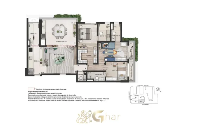 Terceira opção de planta do apartamento de 3 suítes com 123 m² em apartamentos no bairro de Moema, São Paulo