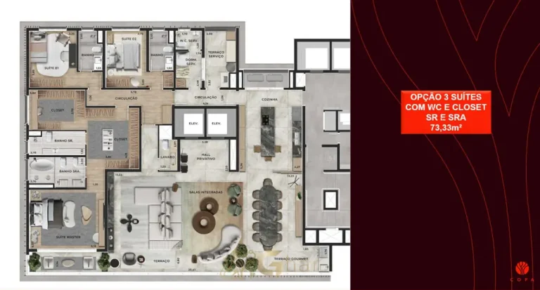 Planta do apartamento de 3 suítes em apartamentos no bairro de Moema, São Paulo