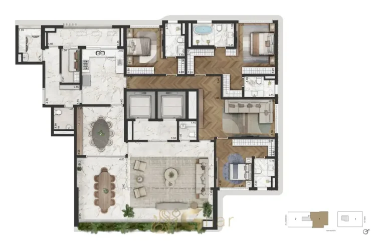 Planta do apartamento de 3 suítes com 283 m² em condomínio residencial no bairro de Moema, na Zona Sul de São Paulo