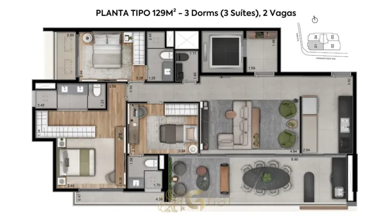 Planta do apartamento de 3 suítes e 129 m² em apartamentos no bairro da Vila Nova Conceição, São Paulo