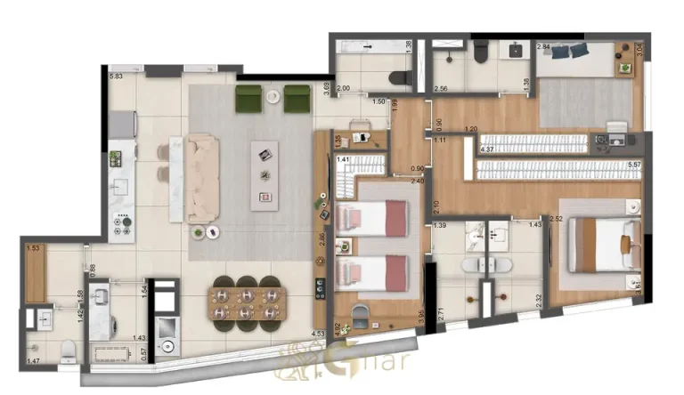 Planta do apartamento de 3 suítes do condomínio Monogram Moema no bairro de Moema, São Paulo