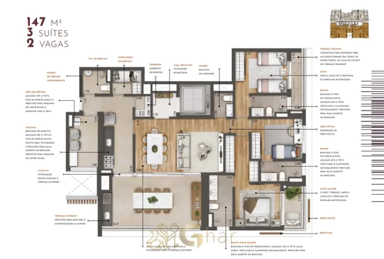 Planta do apartamento master de 3 suítes com 147 m² em condomínio residencial no bairro de Moema, na Zona Sul de São Paulo