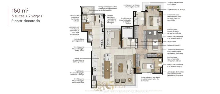 Planta do apartamento de 3 suítes com 150 m² do condomínio Purity Moema no bairro de Moema, São Paulo