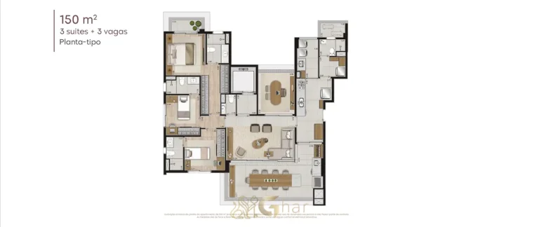 Planta baixa detalhada do apartamento de 150 m² em apartamentos no bairro de Moema, São Paulo
