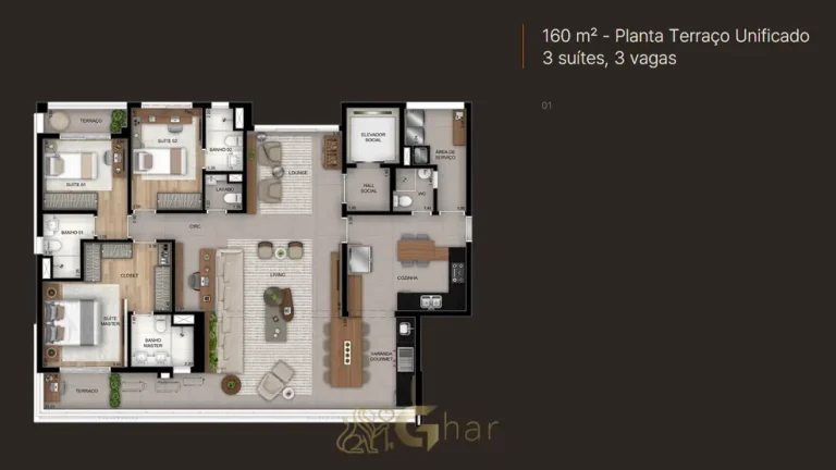 Planta do apartamento de 160 m² com 3 suítes do condomínio Tríad Vila Nova Conceição no bairro da Vila Nova Conceição, São Paulo