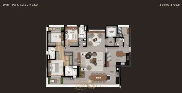 Planta baixa do apartamento de 3 suítes em apartamentos no bairro da Vila Nova Conceição, São Paulo
