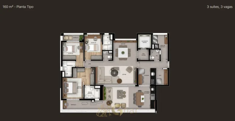 Planta ilustrada do apartamento de 160 m² em condomínio residencial no bairro da Vila Nova Conceição, na Zona Sul de São Paulo