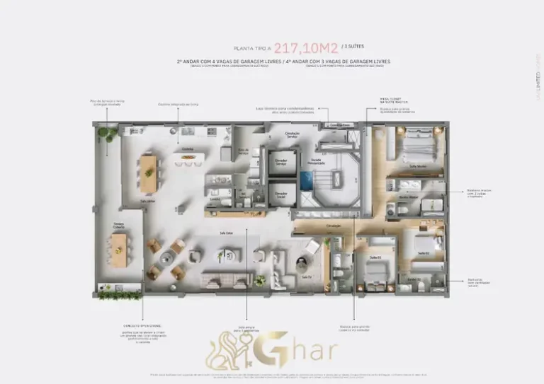 Planta do apartamento de 3 suítes do condomínio Un Limited Homes no bairro da Vila Olímpia, São Paulo