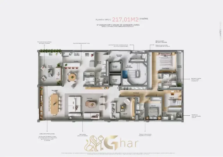 Planta baixa do apartamento de 3 suítes em apartamentos no bairro da Vila Olímpia, São Paulo