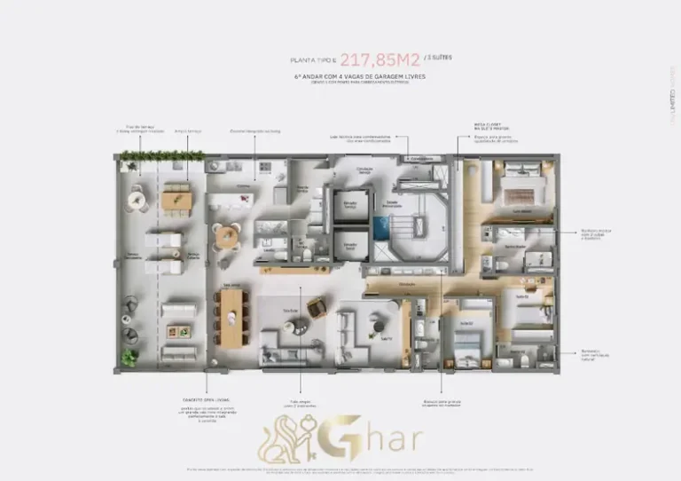 Planta detalhada do apartamento de 3 suítes do condomínio Un Limited Homes no bairro da Vila Olímpia, São Paulo
