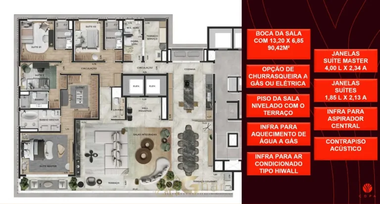 Planta do apartamento de 4 suítes do condomínio Copa no bairro de Moema, São Paulo