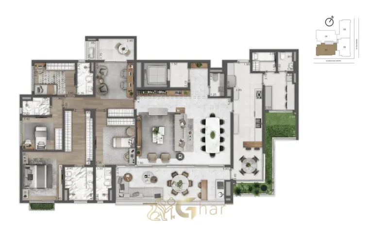 Planta do apartamento de 4 suítes em condomínio residencial no bairro de Moema, na Zona Sul de São Paulo