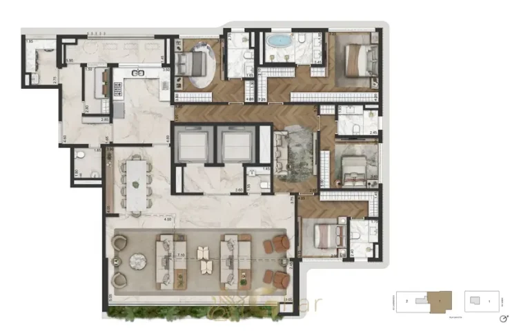 Planta do apartamento de 4 suítes com 283 m² em apartamentos no bairro de Moema, São Paulo