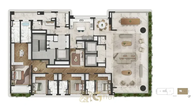 Planta do apartamento de 4 suítes com 416 m² em condomínio residencial no bairro de Moema, na Zona Sul de São Paulo