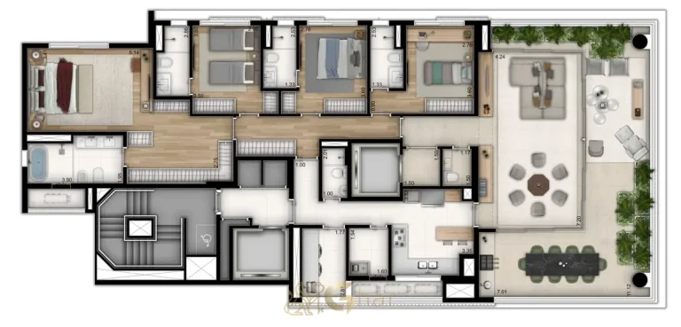 Planta do apartamento de 4 suítes de 238 m² em apartamentos no bairro do Ibirapuera, São Paulo