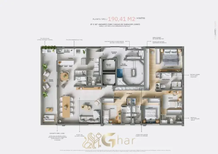 Planta baixa do apartamento de 4 suítes em condomínio residencial no bairro da Vila Olímpia, na Zona Sul de São Paulo