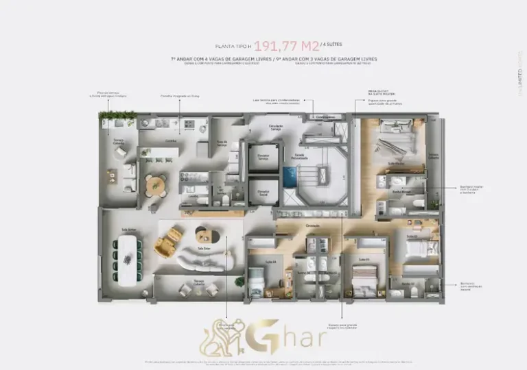 Planta alternativa do apartamento de 4 suítes em apartamentos no bairro da Vila Olímpia, São Paulo