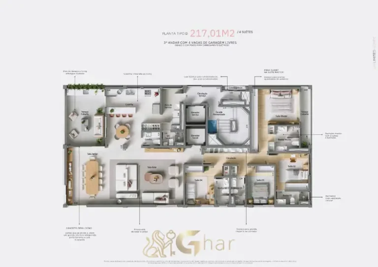 Planta do apartamento de 4 suítes em condomínio residencial no bairro da Vila Olímpia, na Zona Sul de São Paulo