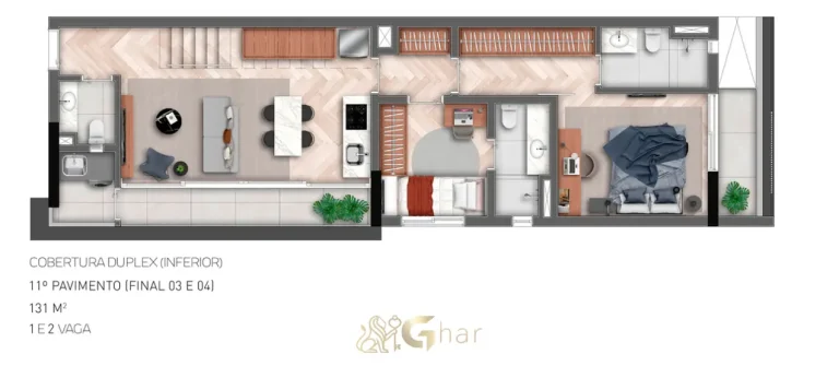 Planta do pavimento inferior da cobertura duplex de 131 m² em condomínio residencial no bairro de Moema, na Zona Sul de São Paulo