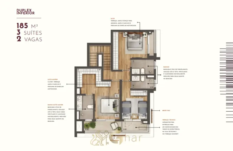 Planta do pavimento inferior da cobertura duplex de 3 suítes com 185 m² em apartamentos no bairro de Moema, São Paulo