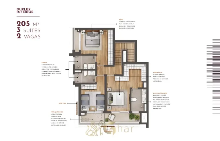 Planta do pavimento inferior da cobertura duplex de 3 suítes com 205 m² do condomínio Most Moema Home no bairro de Moema, São Paulo