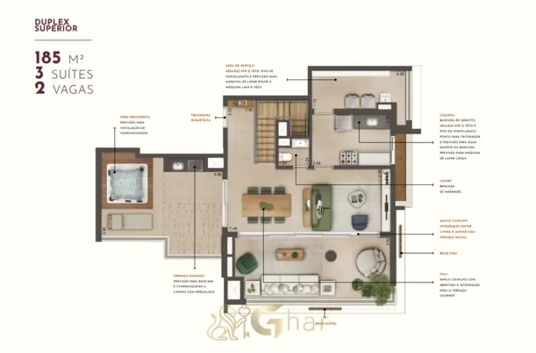Planta do pavimento superior da cobertura duplex de 3 suítes com 185 m² em condomínio residencial no bairro de Moema, na Zona Sul de São Paulo