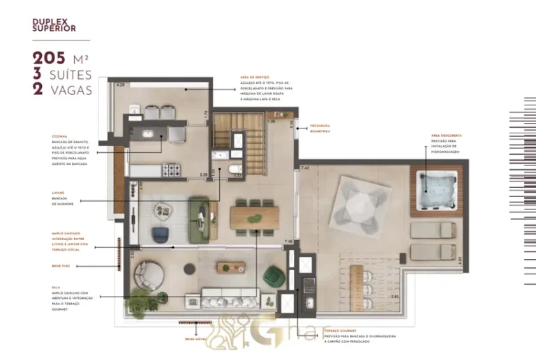 Planta do pavimento superior da cobertura duplex de 3 suítes com 205 m² em apartamentos no bairro de Moema, São Paulo